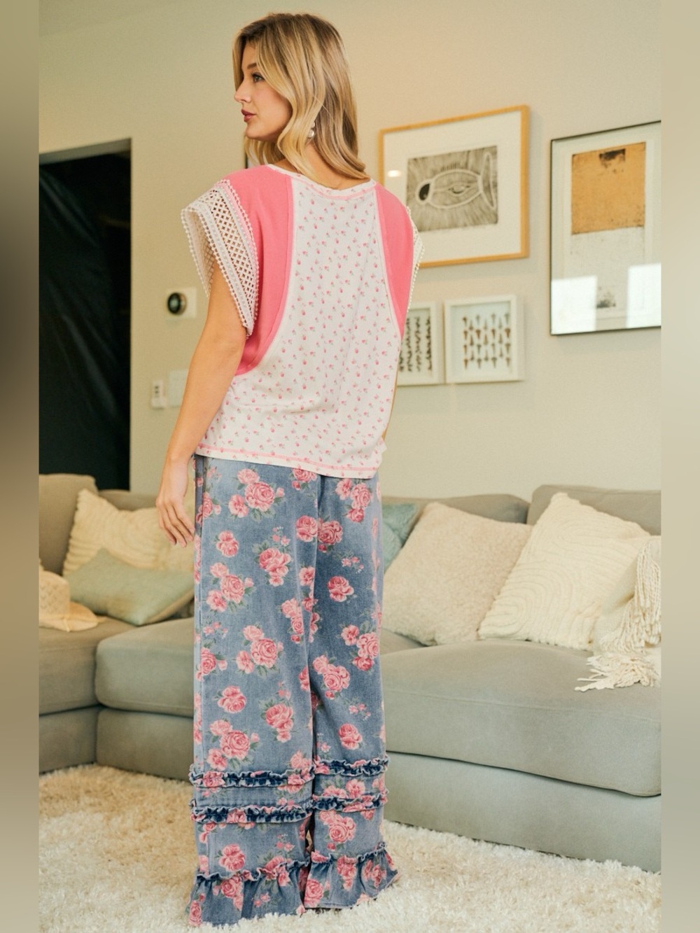 BiBi Washed Floral Denim With Ruffle Elastic Wide Pants 10010094801 - Picture 8 of 13